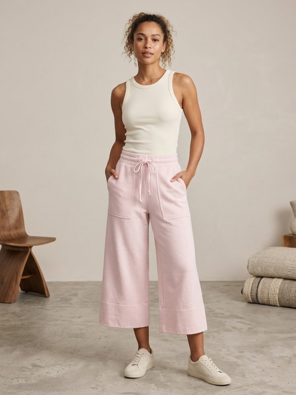 Quince High Rise SuperSoft Fleece Cropped Wide Leg Pants Pink XS